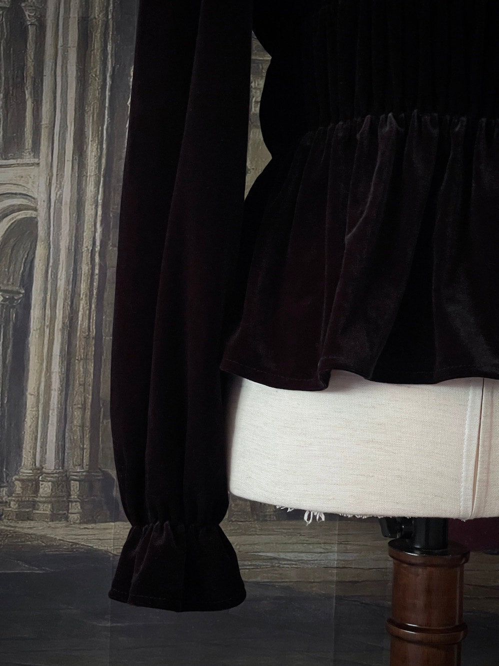 A Medieval and Renaissance Gothic black historically inspired velvet shirring smocked blouse with bishop bell sleeves