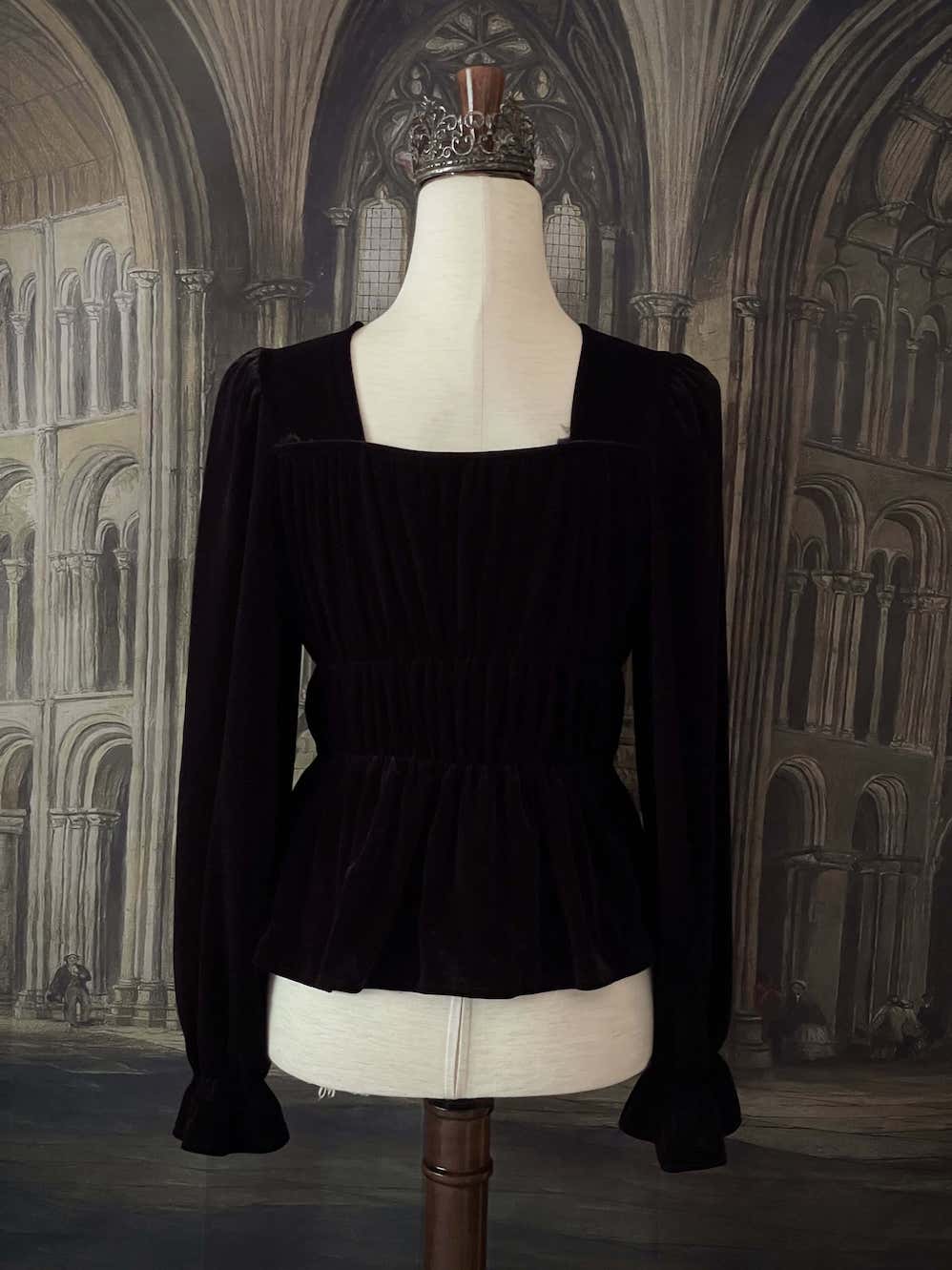 A Medieval and Renaissance Gothic black historically inspired velvet shirring smocked blouse with bishop bell sleeves