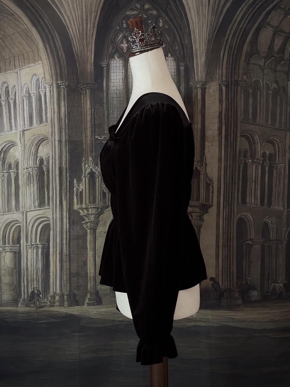 A Medieval and Renaissance Gothic black historically inspired velvet shirring smocked blouse with bishop bell sleeves