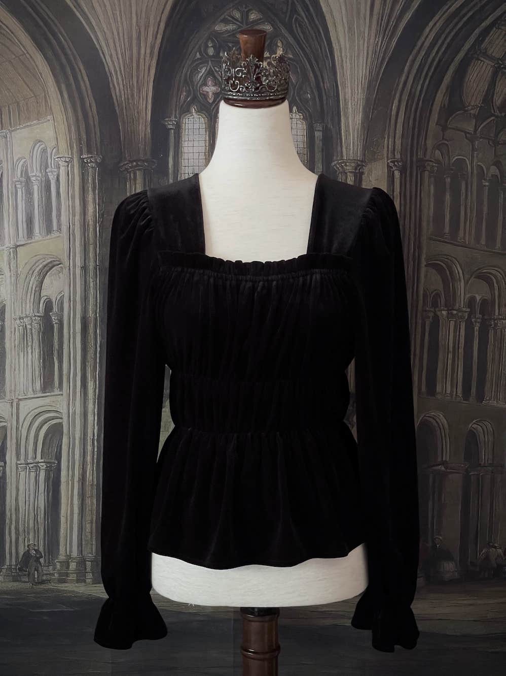 A Medieval and Renaissance Gothic black historically inspired velvet shirring smocked blouse with bishop bell sleeves