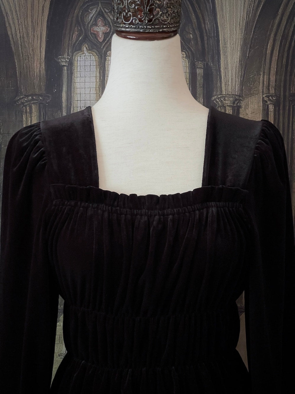 A Medieval and Renaissance Gothic black historically inspired velvet shirring smocked blouse with bishop bell sleeves