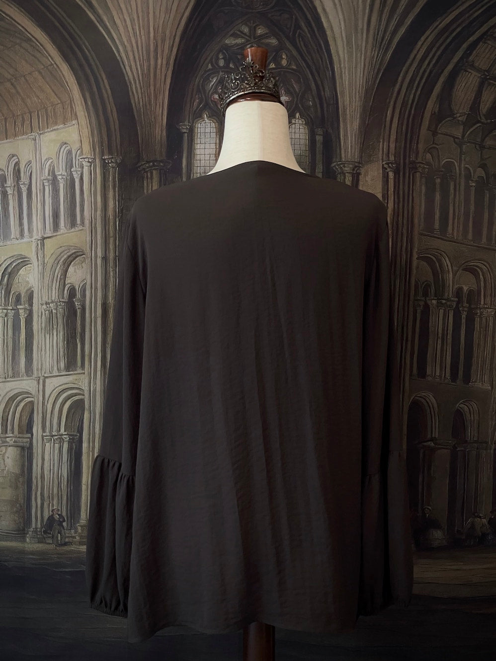 Medieval Inspired V-Neck Bishop Sleeve Blouse in Knight Grey, historically inspired v-neck button up top.