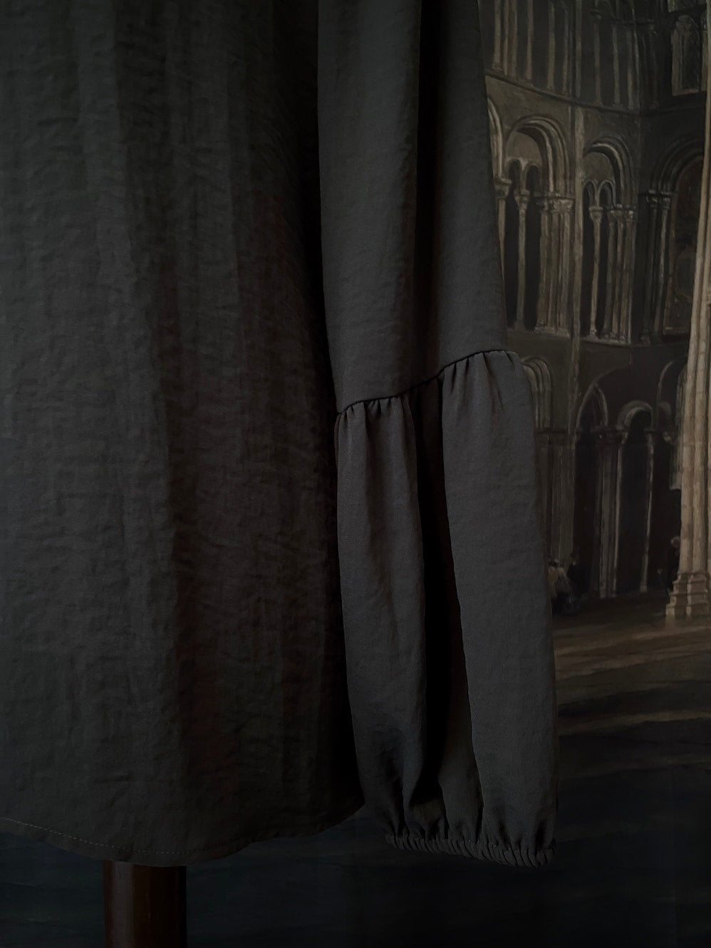 Medieval Inspired V-Neck Bishop Sleeve Blouse in Knight Grey, historically inspired v-neck button up top.