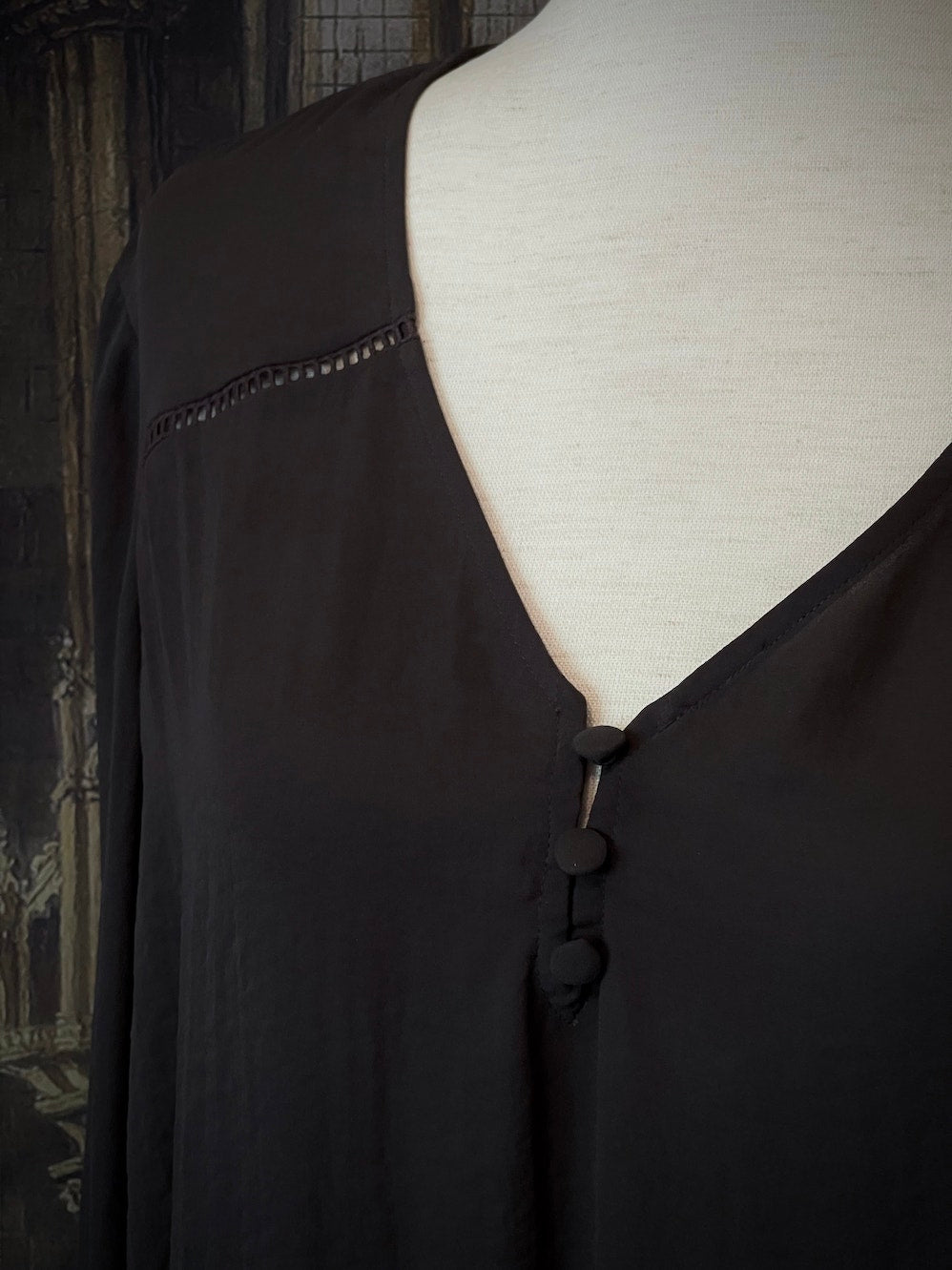 Medieval Inspired V-Neck Bishop Sleeve Blouse in Knight Grey, historically inspired v-neck button up top.