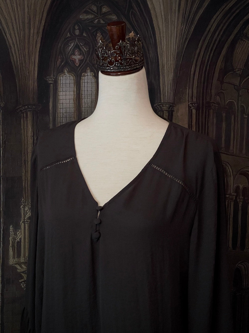 Medieval Inspired V-Neck Bishop Sleeve Blouse in Knight Grey, historically inspired v-neck button up top.