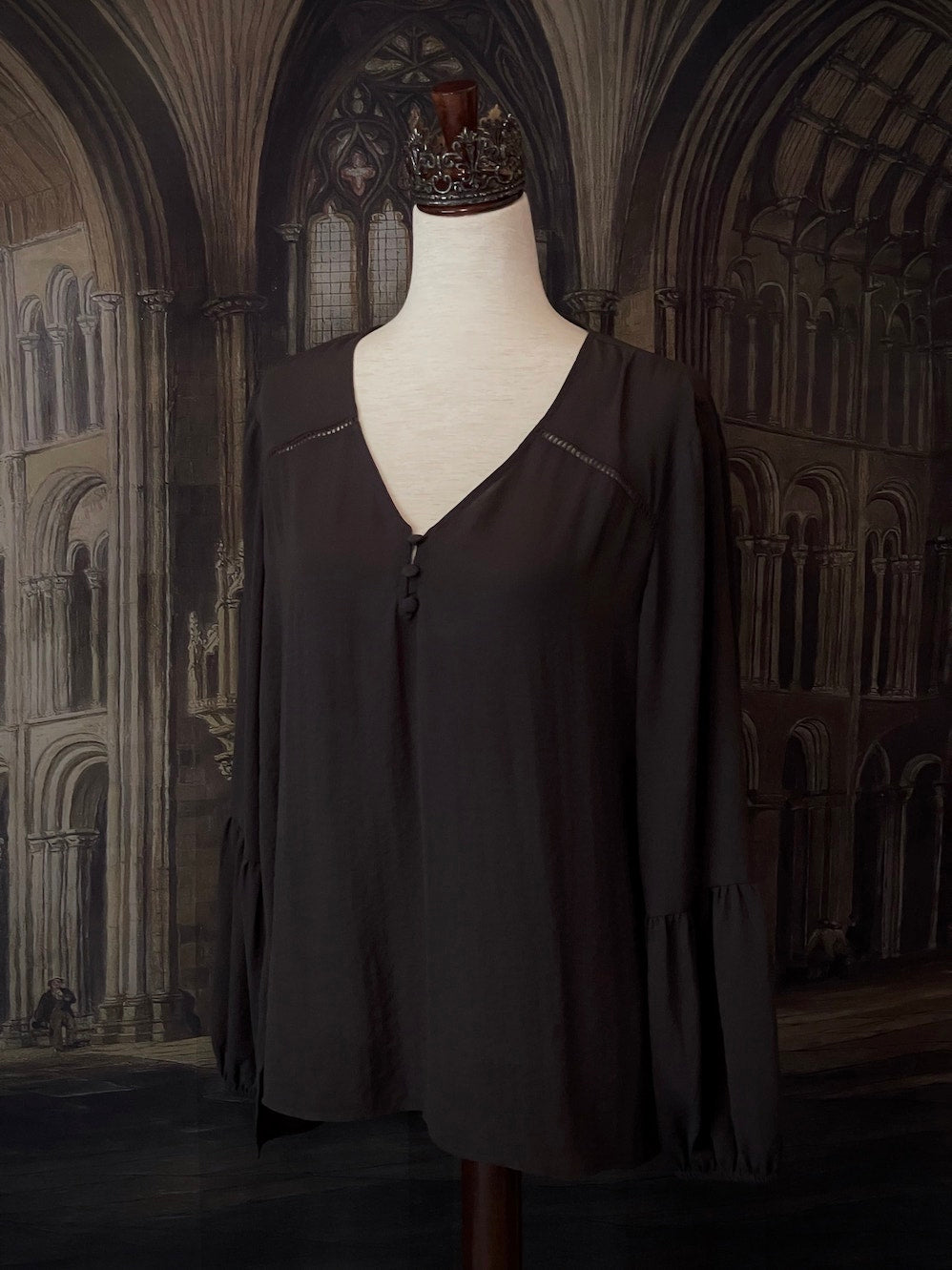 Medieval Inspired V-Neck Bishop Sleeve Blouse in Knight Grey, historically inspired v-neck button up top.