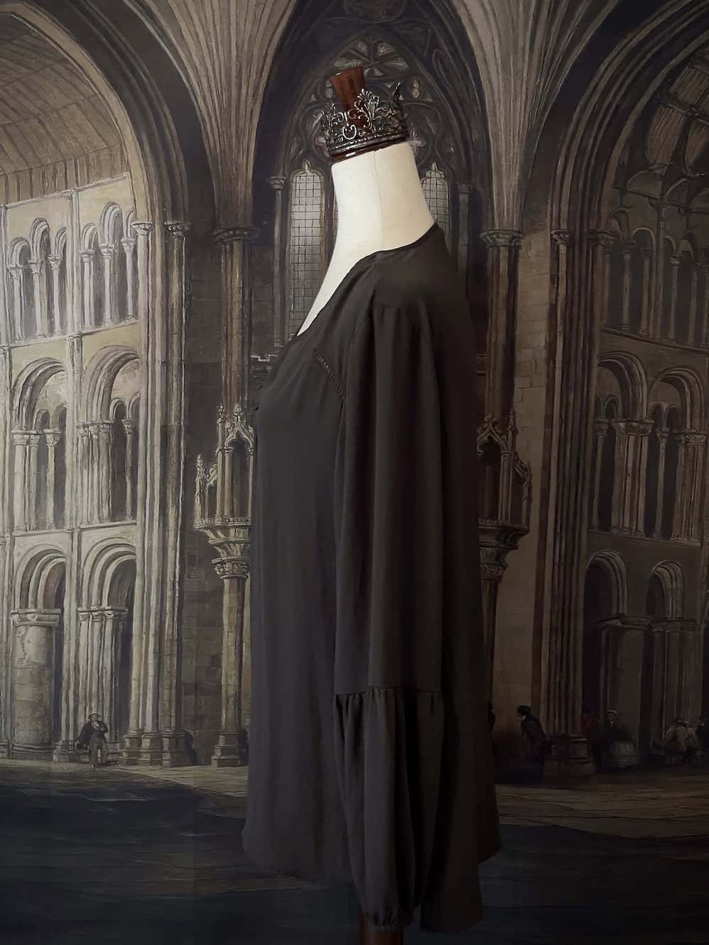 Medieval Inspired V-Neck Bishop Sleeve Blouse in Knight Grey, historically inspired v-neck button up top.