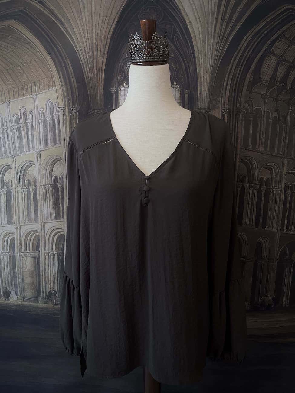 Medieval Inspired V-Neck Bishop Sleeve Blouse in Knight Grey, historically inspired v-neck button up top.