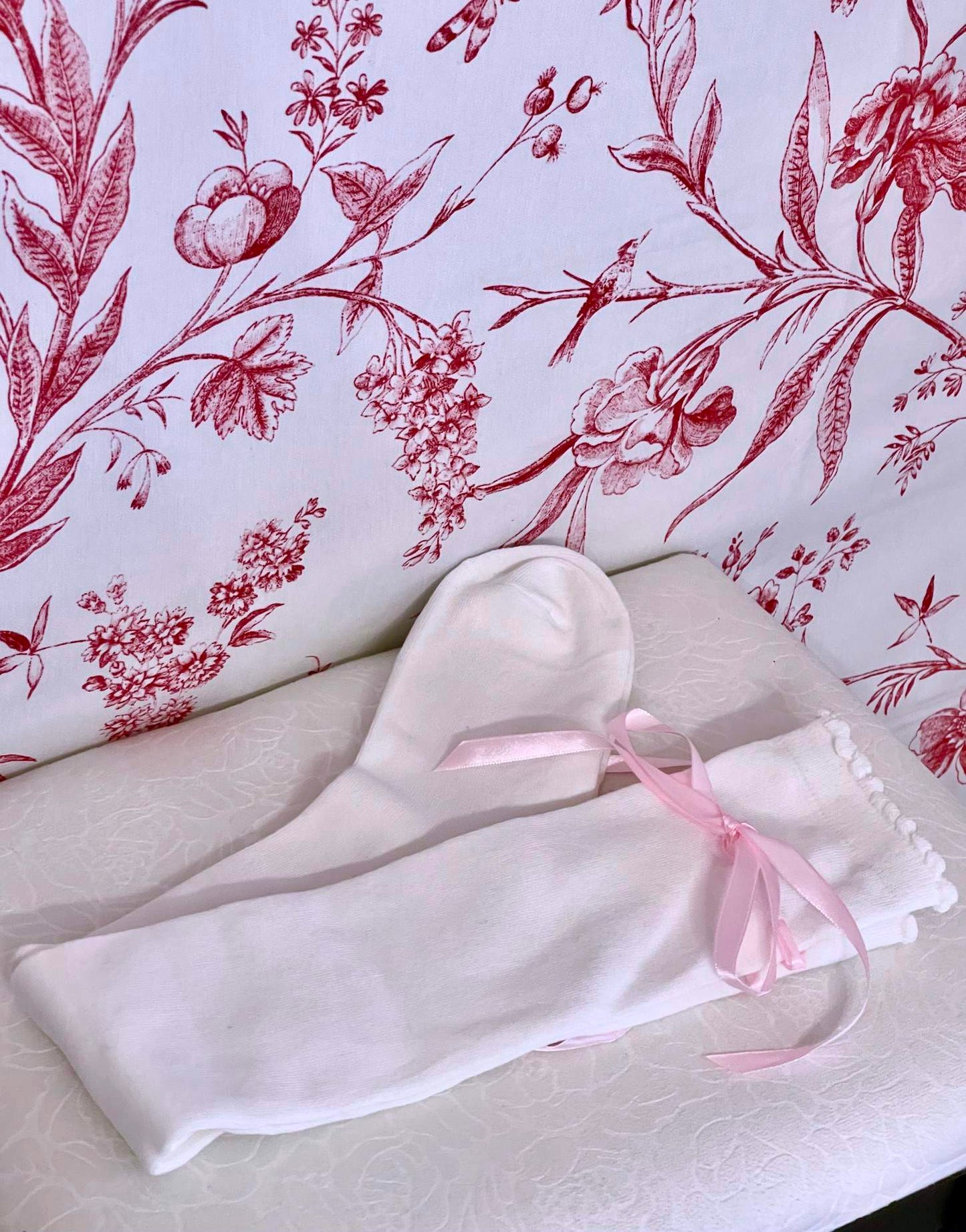 A pair of Historically Inspired Cotton Knee-High Socks with Ribbon Lacing in White and Pink, for Medieval, Renaissance, Baroque, Rococo, Regency, Victorian, or Edwardian fashion.