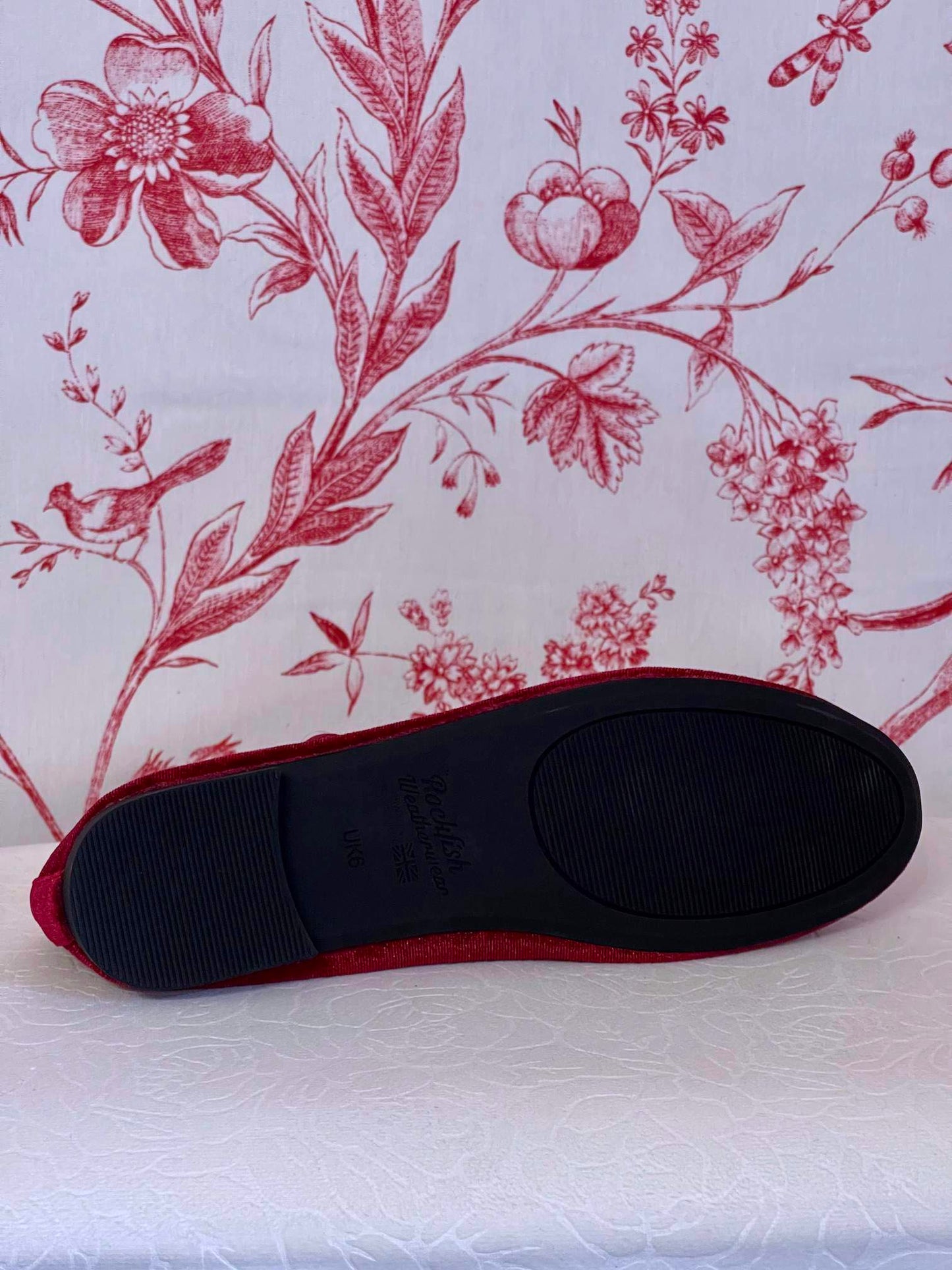 A pair of Historically Inspired Renaissance, Tudor, Baroque era Velvet Slipper Flats in Burgundy with pearl decorative button.