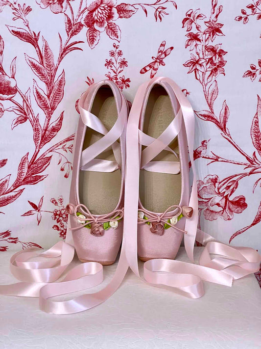 Historically Inspired Victorian Regency Rococo style Pink Satin Rosette Ballet Slipper flat shoes with Ribbon Laces.