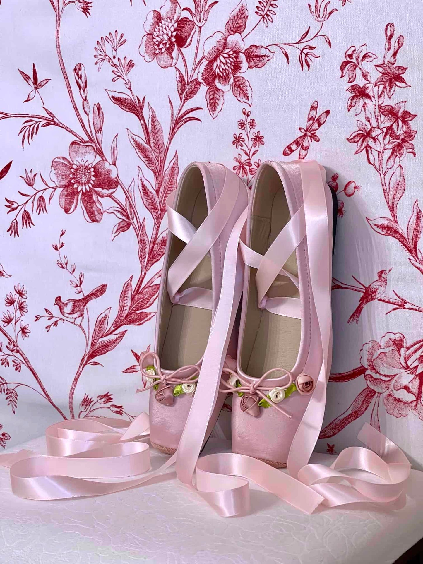 Historically Inspired Victorian Regency Rococo style Pink Satin Rosette Ballet Slipper flat shoes with Ribbon Laces.