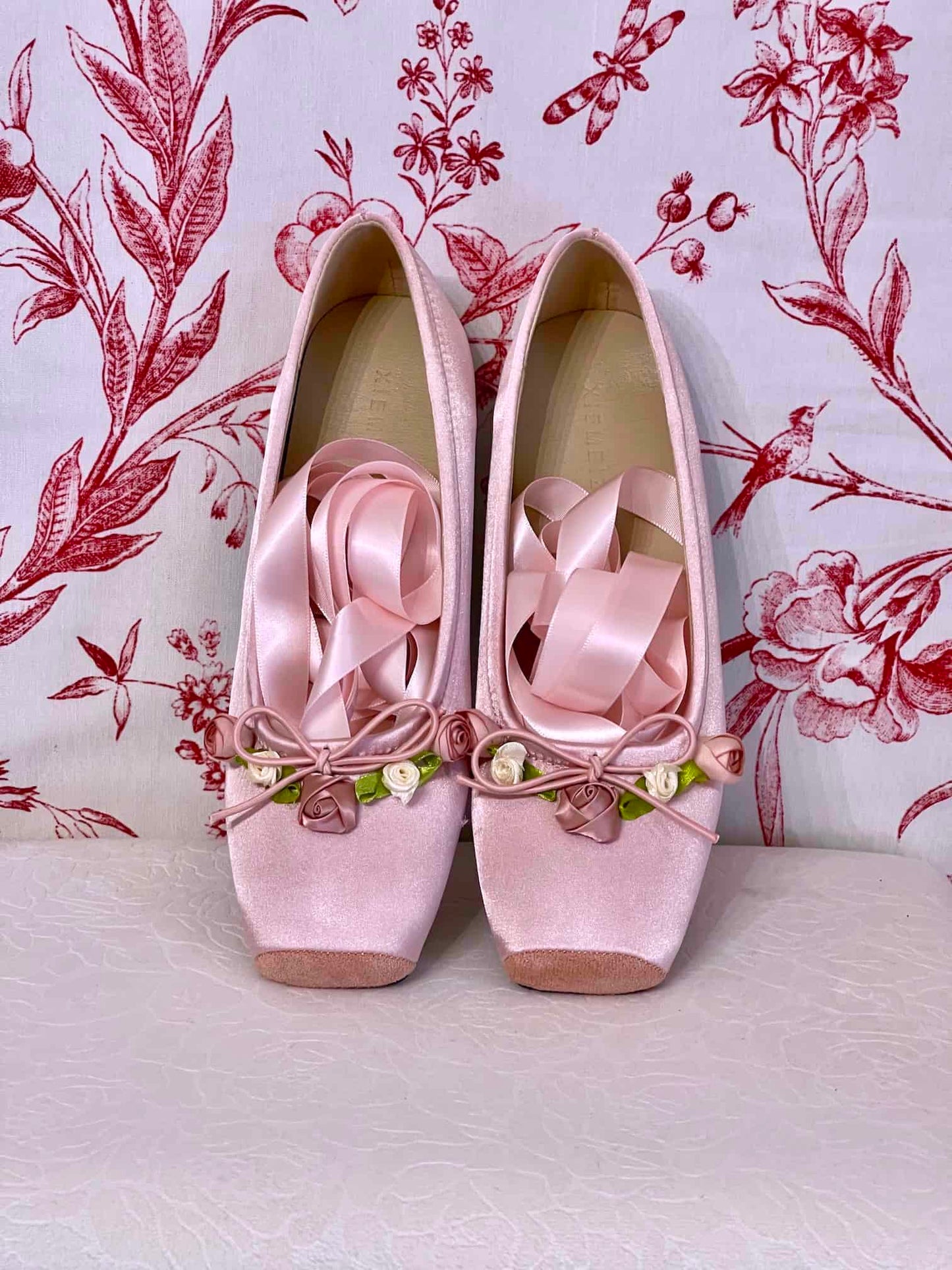 Historically Inspired Victorian Regency Rococo style Pink Satin Rosette Ballet Slipper flat shoes with Ribbon Laces.