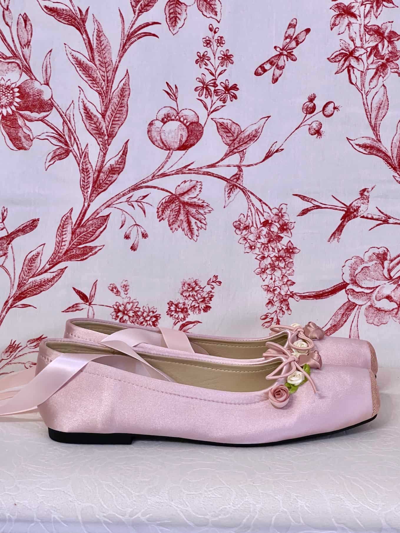 Historically Inspired Victorian Regency Rococo style Pink Satin Rosette Ballet Slipper flat shoes with Ribbon Laces.