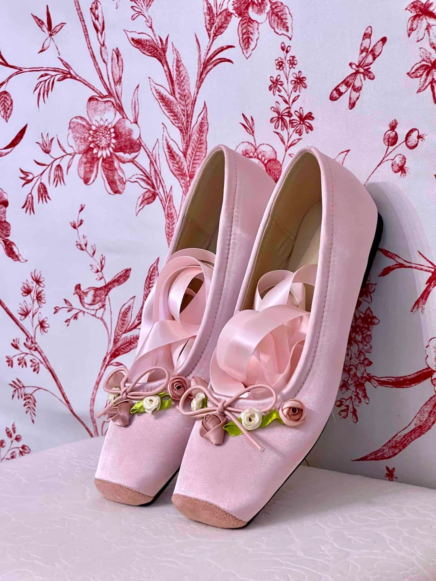 Historically Inspired Victorian Regency Rococo style Pink Satin Rosette Ballet Slipper flat shoes with Ribbon Laces.