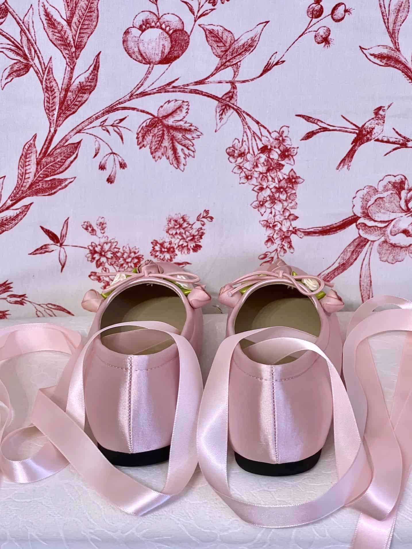 Historically Inspired Victorian Regency Rococo style Pink Satin Rosette Ballet Slipper flat shoes with Ribbon Laces.