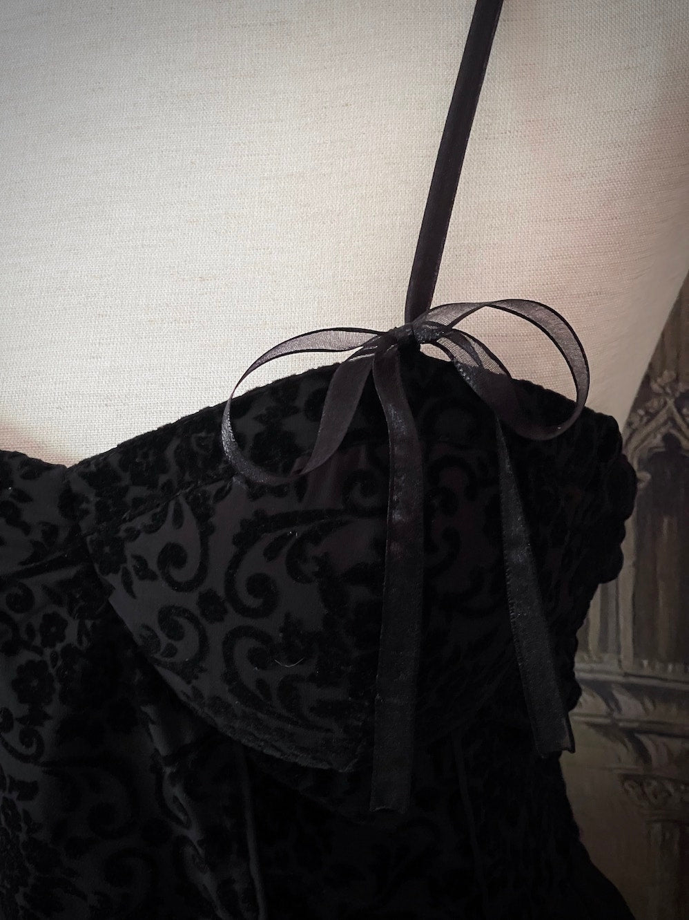 Historically Inspired Vintage Style Gothic Black Ornate Velvet Bustier Dark Coquette Style Mini Dress.