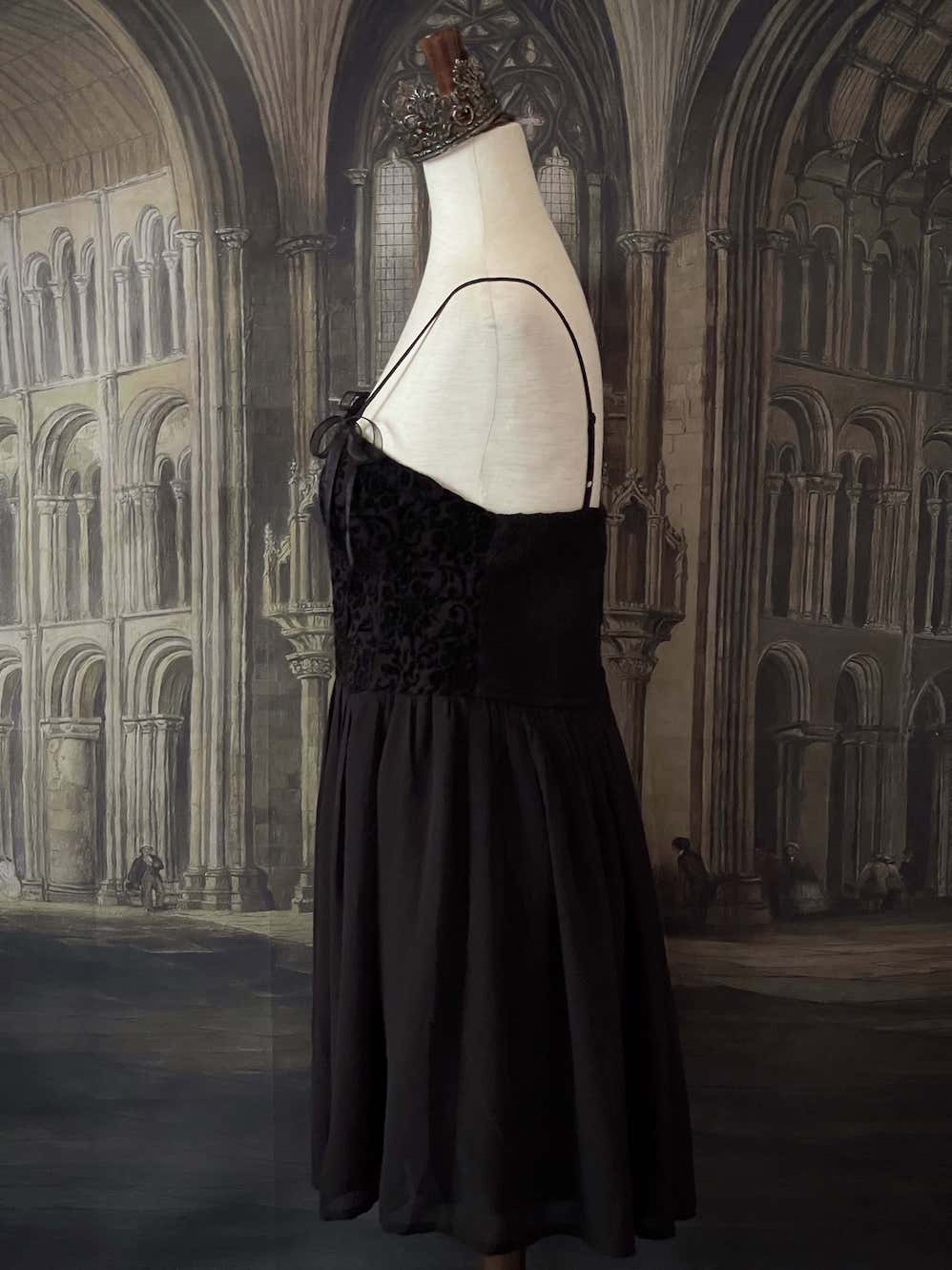 Historically Inspired Vintage Style Gothic Black Ornate Velvet Bustier Dark Coquette Style Mini Dress.