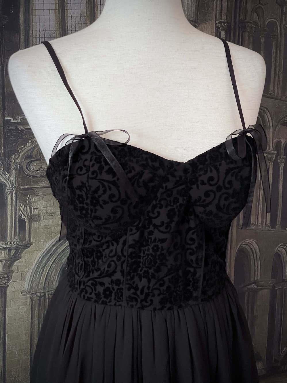 Historically Inspired Vintage Style Gothic Black Ornate Velvet Bustier Dark Coquette Style Mini Dress.