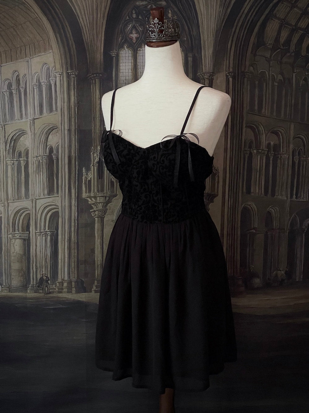 Historically Inspired Vintage Style Gothic Black Ornate Velvet Bustier Dark Coquette Style Mini Dress.