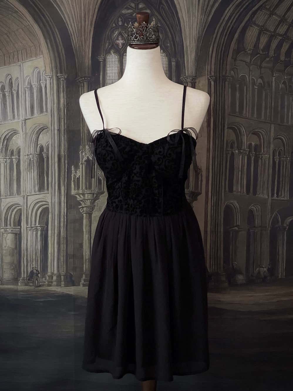 Historically Inspired Vintage Style Gothic Black Ornate Velvet Bustier Dark Coquette Style Mini Dress.