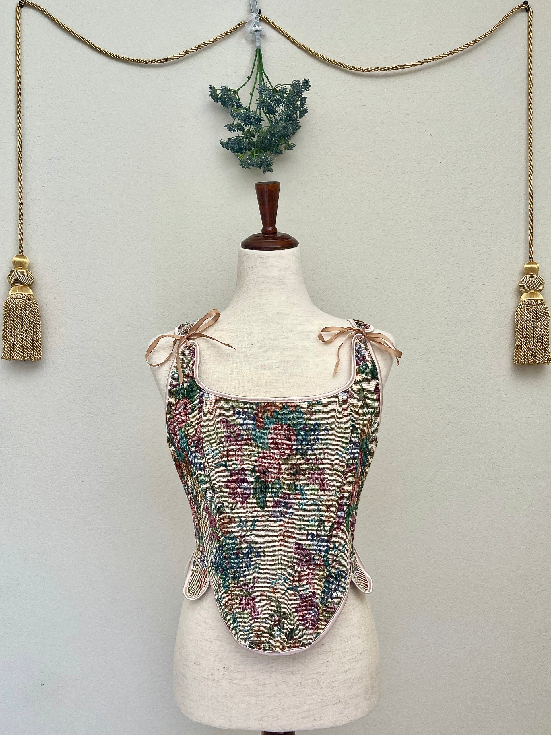Rococo Inspired Floral Print Gobelin Tapestry Tabbed Corset Top