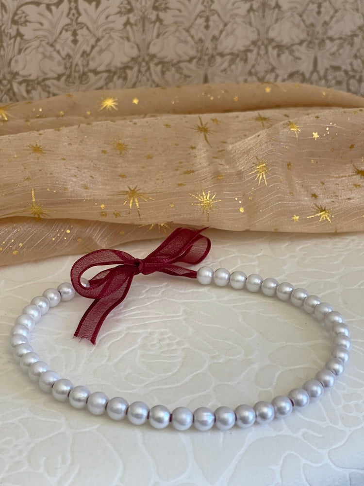 A Handmade Historically Inspired Victorian Pearl Beaded Ribbon Choker Necklace in Burgundy.