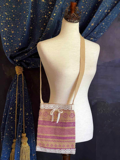 A cottagecore folk print historically inspired vintage style Handmade Lace-Trimmed Burlap Crossbody Bag in Lilac x Ivory