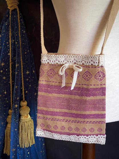 A cottagecore folk print historically inspired vintage style Handmade Lace-Trimmed Burlap Crossbody Bag in Lilac x Ivory