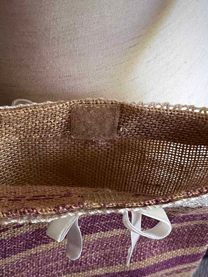A cottagecore folk print historically inspired vintage style Handmade Lace-Trimmed Burlap Crossbody Bag in Lilac x Ivory