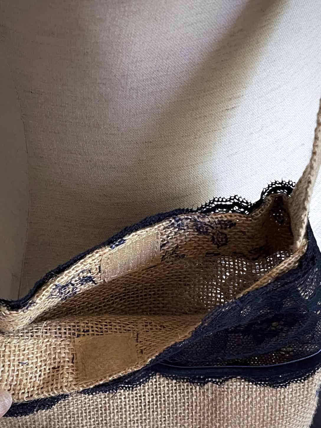 A Handmade Lace-Trimmed Jute Crossbody Bag in Navy Blue, vintage style cottagecore folk purse.