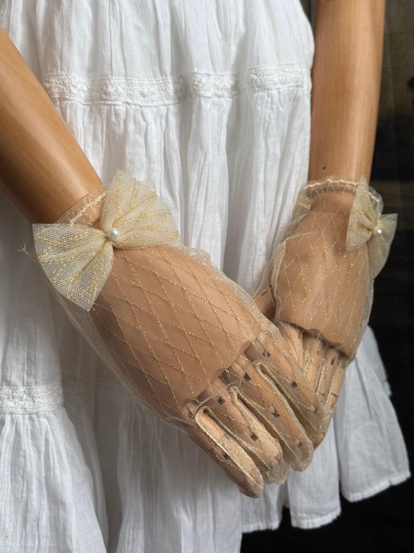 Historically Inspired Sheer Lace Gloves with Bow Detail in Champagne Gold