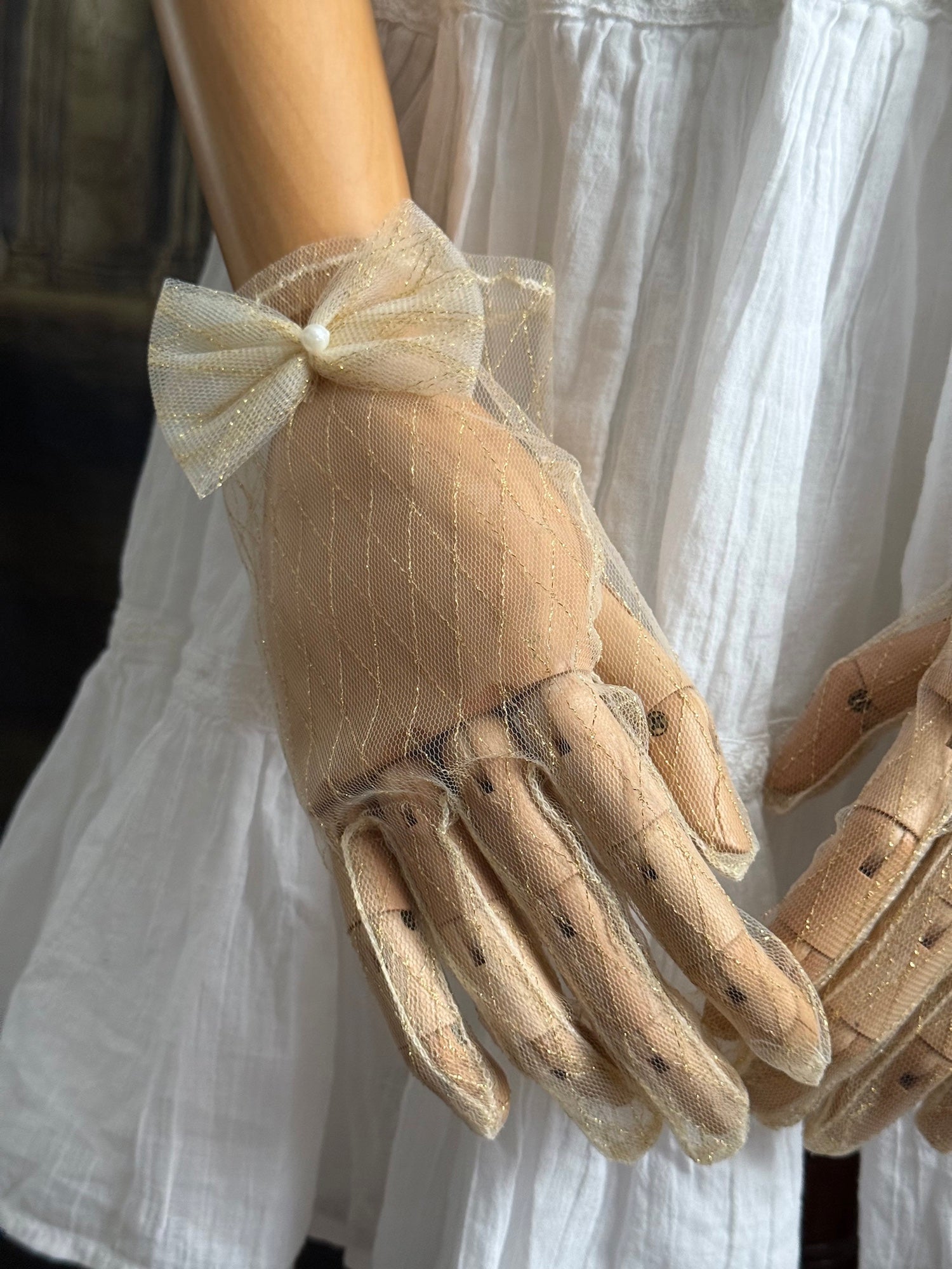 Historically Inspired Sheer Lace Gloves with Bow Detail in Champagne Gold