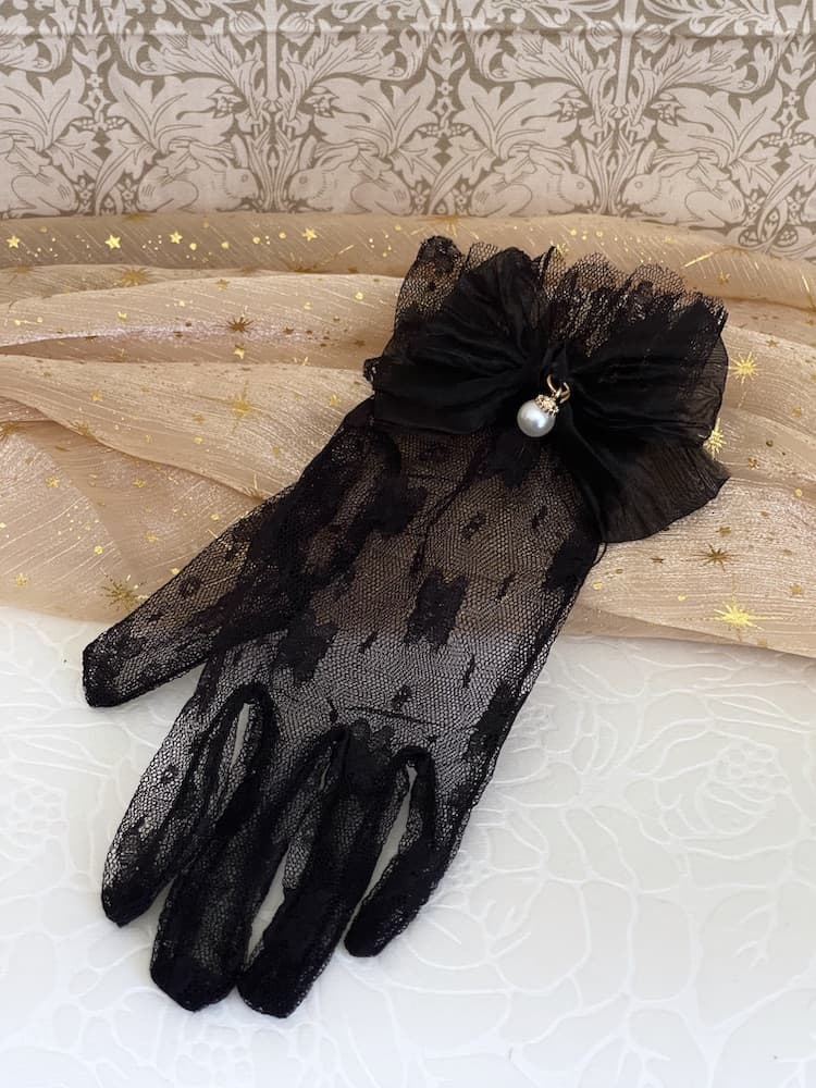 Historically Inspired Regency and Victorian era Floral Lace Gloves with Bow & Pearl Details in Black.