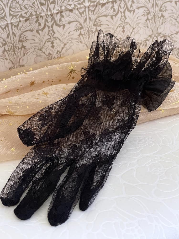 Historically Inspired Regency and Victorian era Floral Lace Gloves with Bow & Pearl Details in Black.