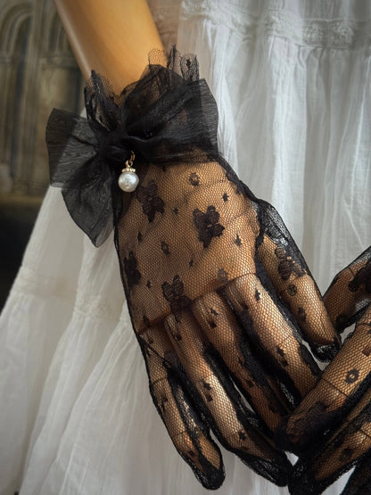 Historically Inspired Regency and Victorian era Floral Lace Gloves with Bow & Pearl Details in Gothic Black.
