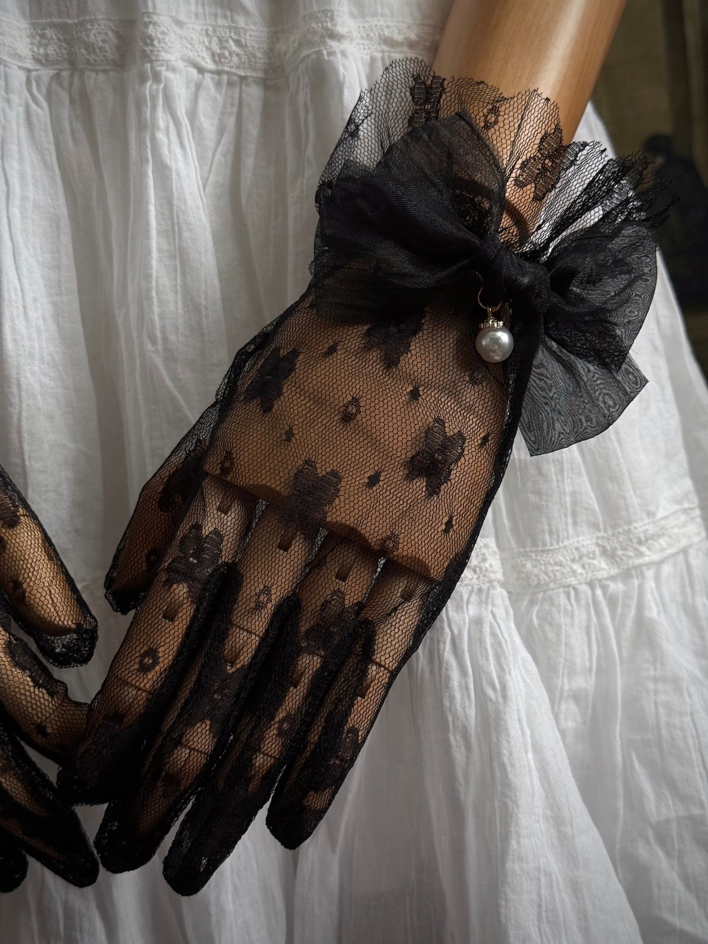 Historically Inspired Regency and Victorian era Floral Lace Gloves with Bow & Pearl Details in Gothic Black.