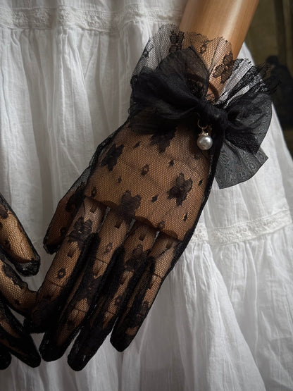 Historically Inspired Regency and Victorian era Floral Lace Gloves with Bow & Pearl Details in Gothic Black.