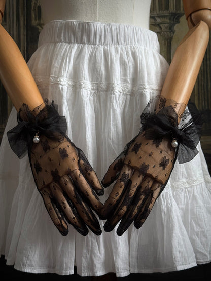 Historically Inspired Regency and Victorian era Floral Lace Gloves with Bow & Pearl Details in Gothic Black.