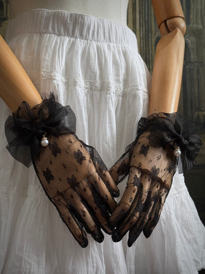 Historically Inspired Regency and Victorian era Floral Lace Gloves with Bow & Pearl Details in Gothic Black.
