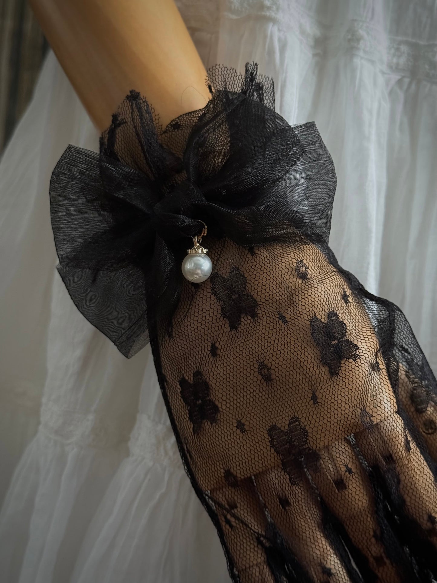Historically Inspired Regency and Victorian era Floral Lace Gloves with Bow & Pearl Details in Gothic Black.