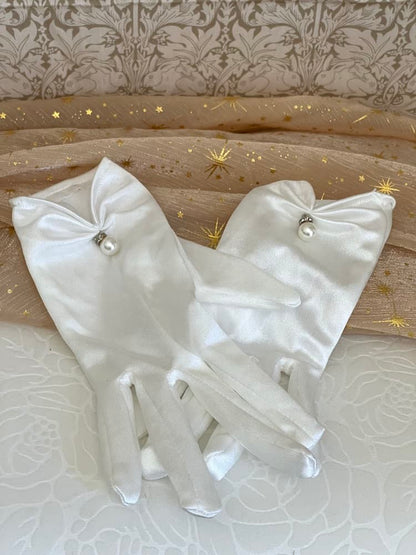 A Pair of Historically Inspired Regency era, baroque, rococo, and renaissance Satin Gloves with Pearl Detail in White.