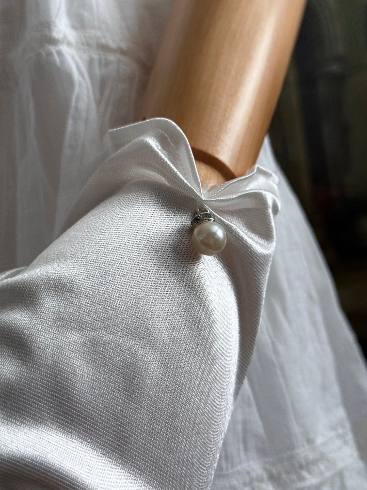 A Pair of Historically Inspired Regency era, baroque, rococo, and renaissance Satin Gloves with Pearl Detail in White.
