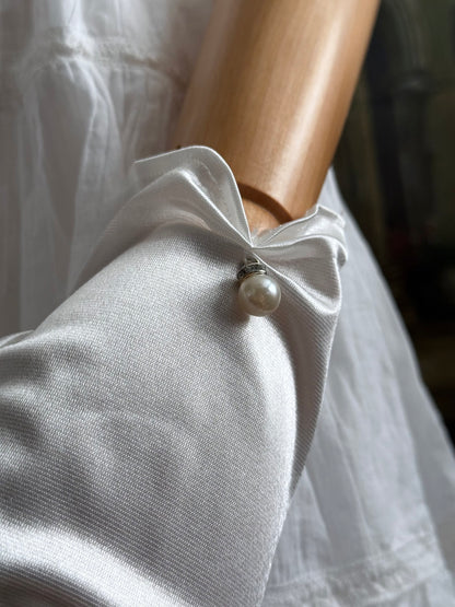 A Pair of Historically Inspired Regency era, baroque, rococo, and renaissance Satin Gloves with Pearl Detail in White.