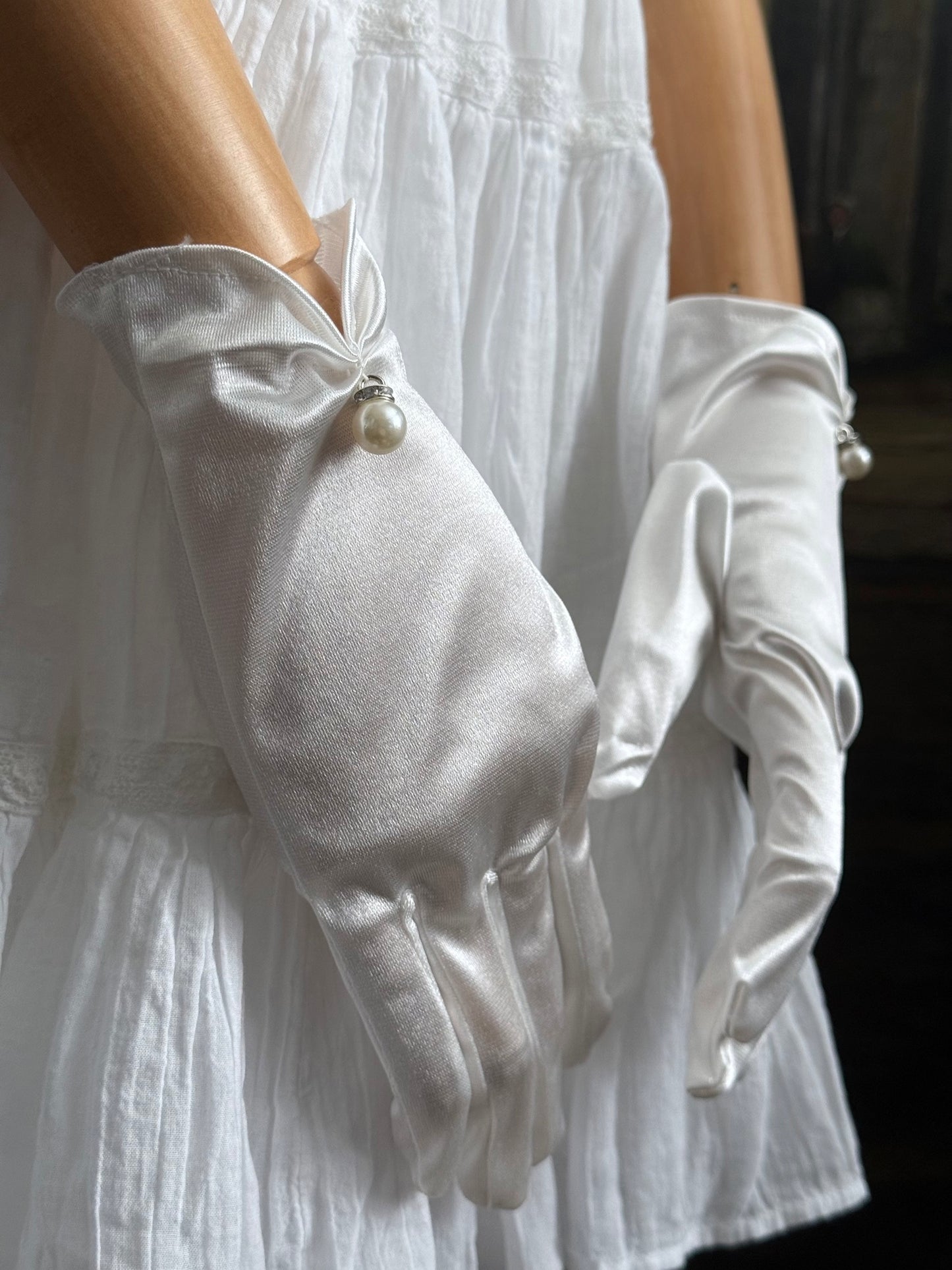 A Pair of Historically Inspired Regency era, baroque, rococo, and renaissance Satin Gloves with Pearl Detail in White.