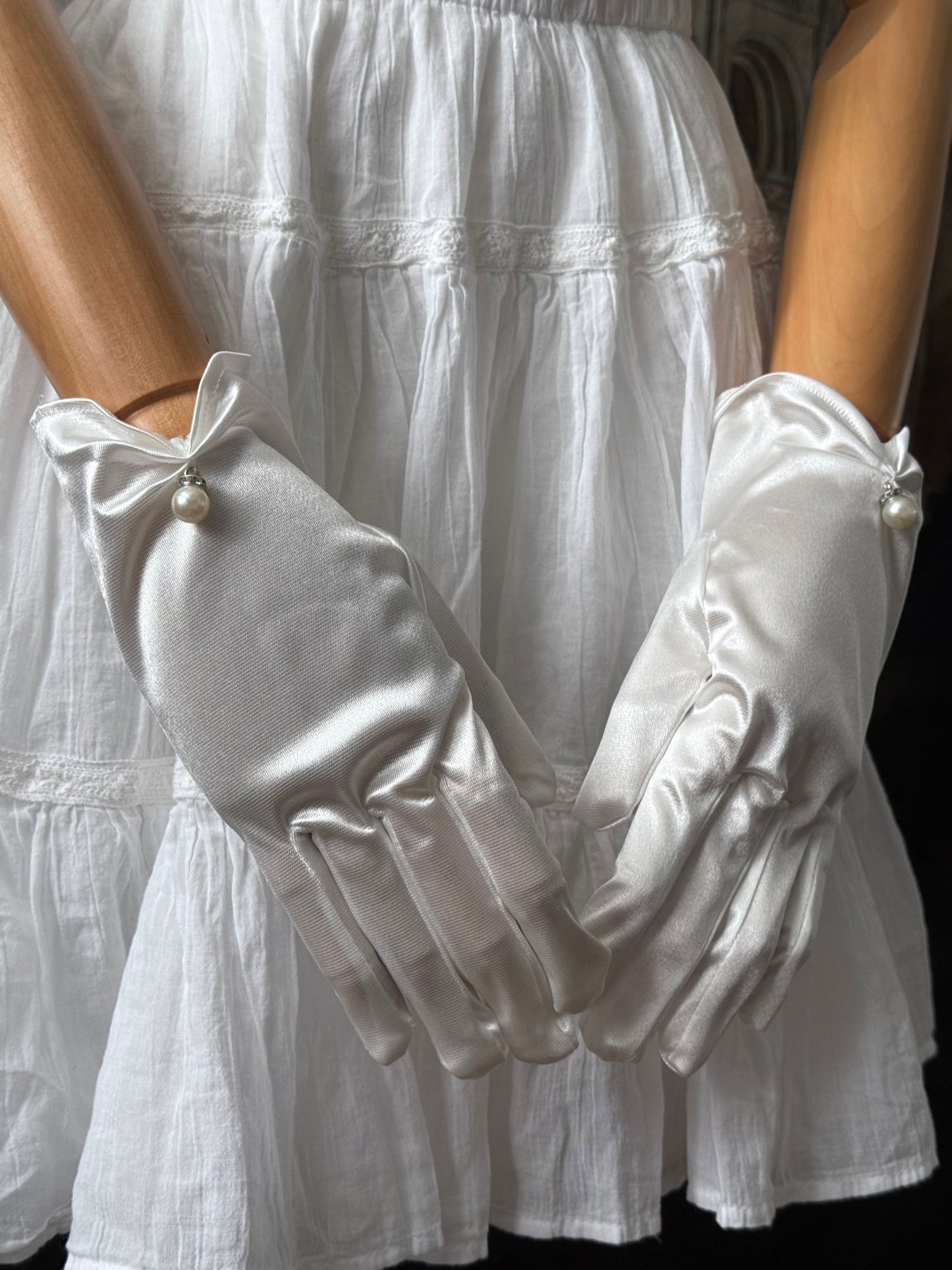 A Pair of Historically Inspired Regency era, baroque, rococo, and renaissance Satin Gloves with Pearl Detail in White.