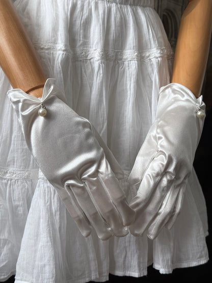 A Pair of Historically Inspired Regency era, baroque, rococo, and renaissance Satin Gloves with Pearl Detail in White.