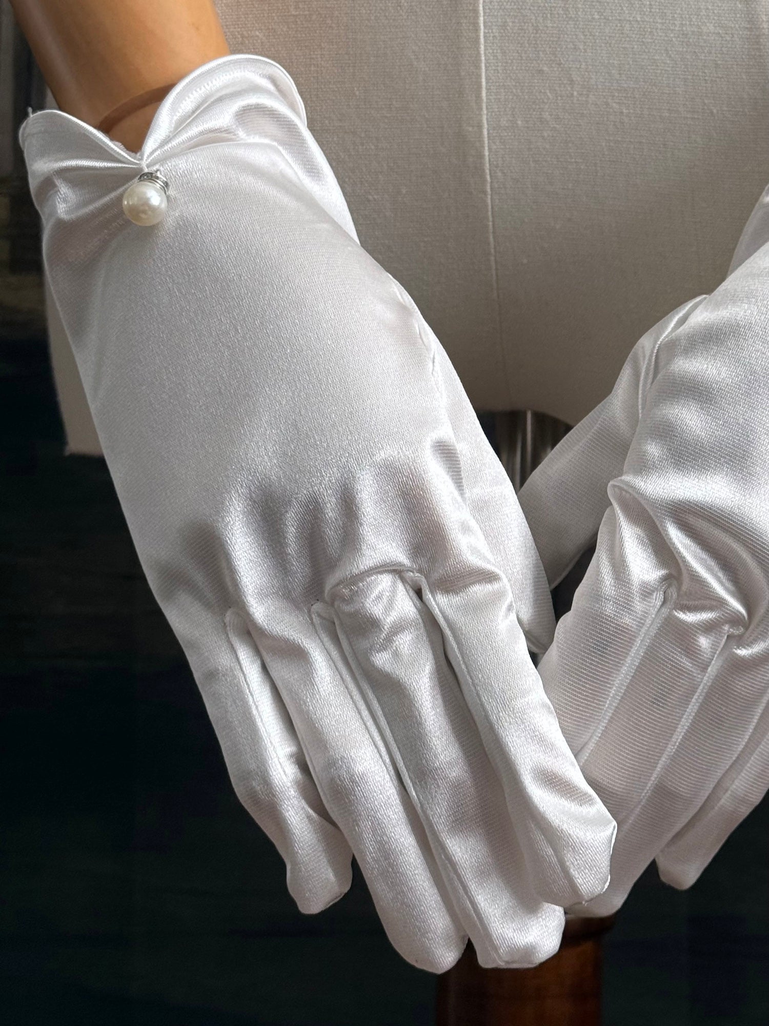 A Pair of Historically Inspired Regency era, baroque, rococo, and renaissance Satin Gloves with Pearl Detail in White.