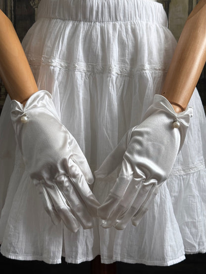 A Pair of Historically Inspired Regency era, baroque, rococo, and renaissance Satin Gloves with Pearl Detail in White.