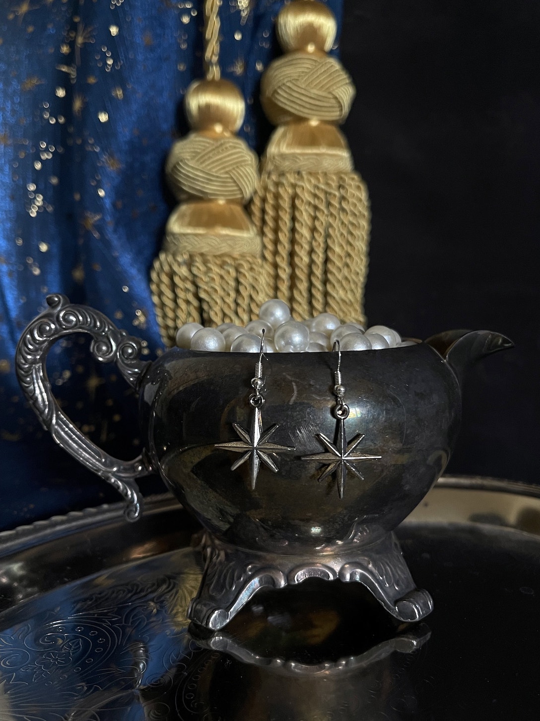 A pair of Handmade Medieval Inspired North Star Earrings in Aged Silver, dangly charms.